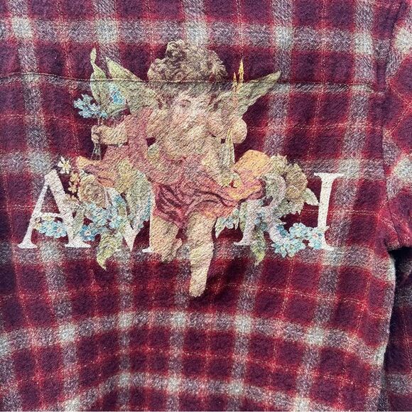 AMIRI Shirt Men Small Button Down Wool Flannel Cherub Plaid Burgundy Fall Logo - Picture 9 of 11